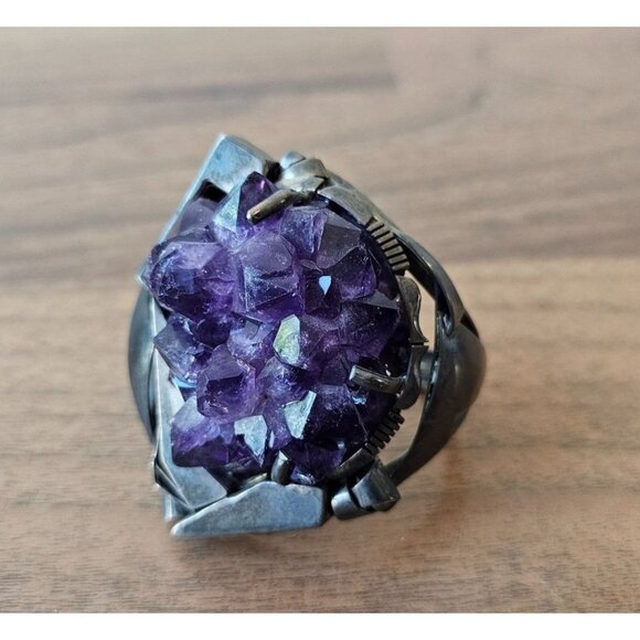 Vintage Silver Amethyst Geode Crystal Statement Cuff Bracelet With Intricate Met